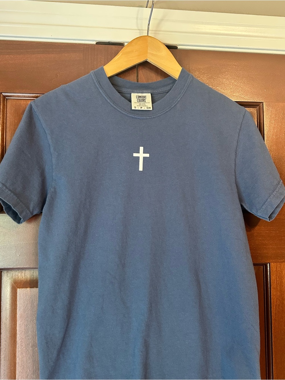 Comfort Colors Navy Tee with Small White Cross Graphic